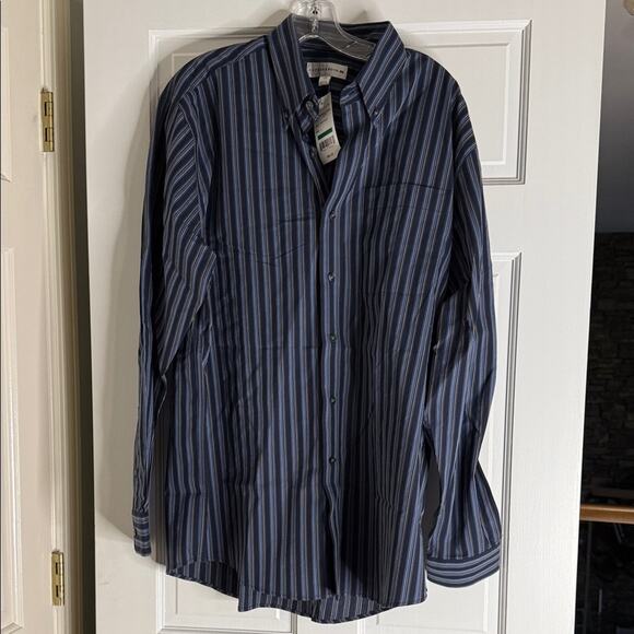Cutter & Buck Men's Navy and Gray Striped Shirt. NWT. Large. - Picture 1 of 4